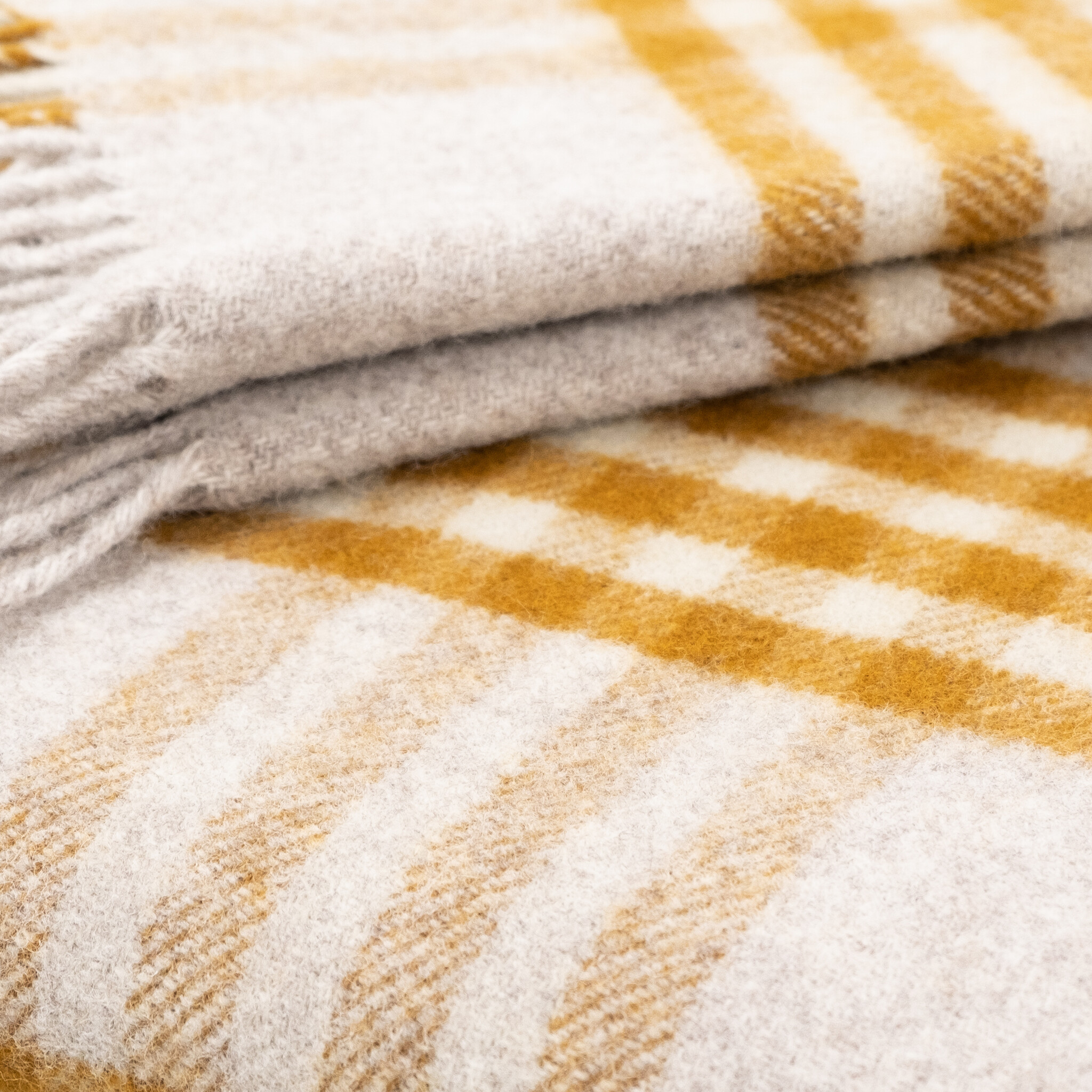 Pure New Wool Fringed Throw Hex Check English Mustard 60 x 95in