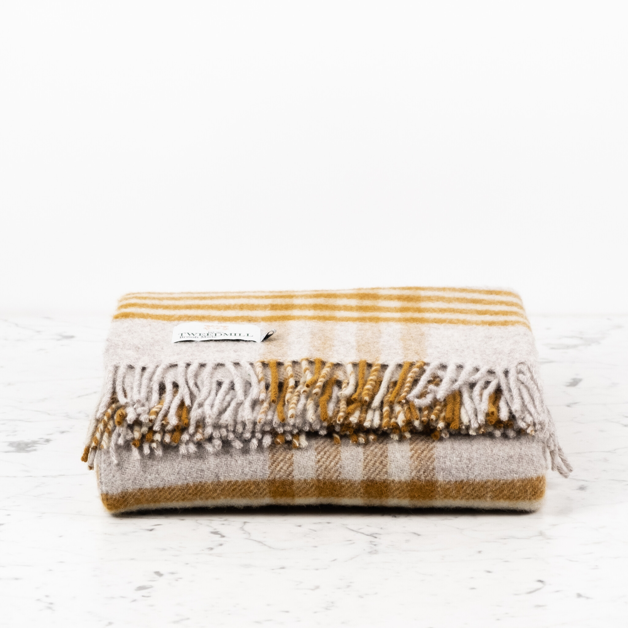 Pure New Wool Fringed Throw Hex Check English Mustard 60 x 95in