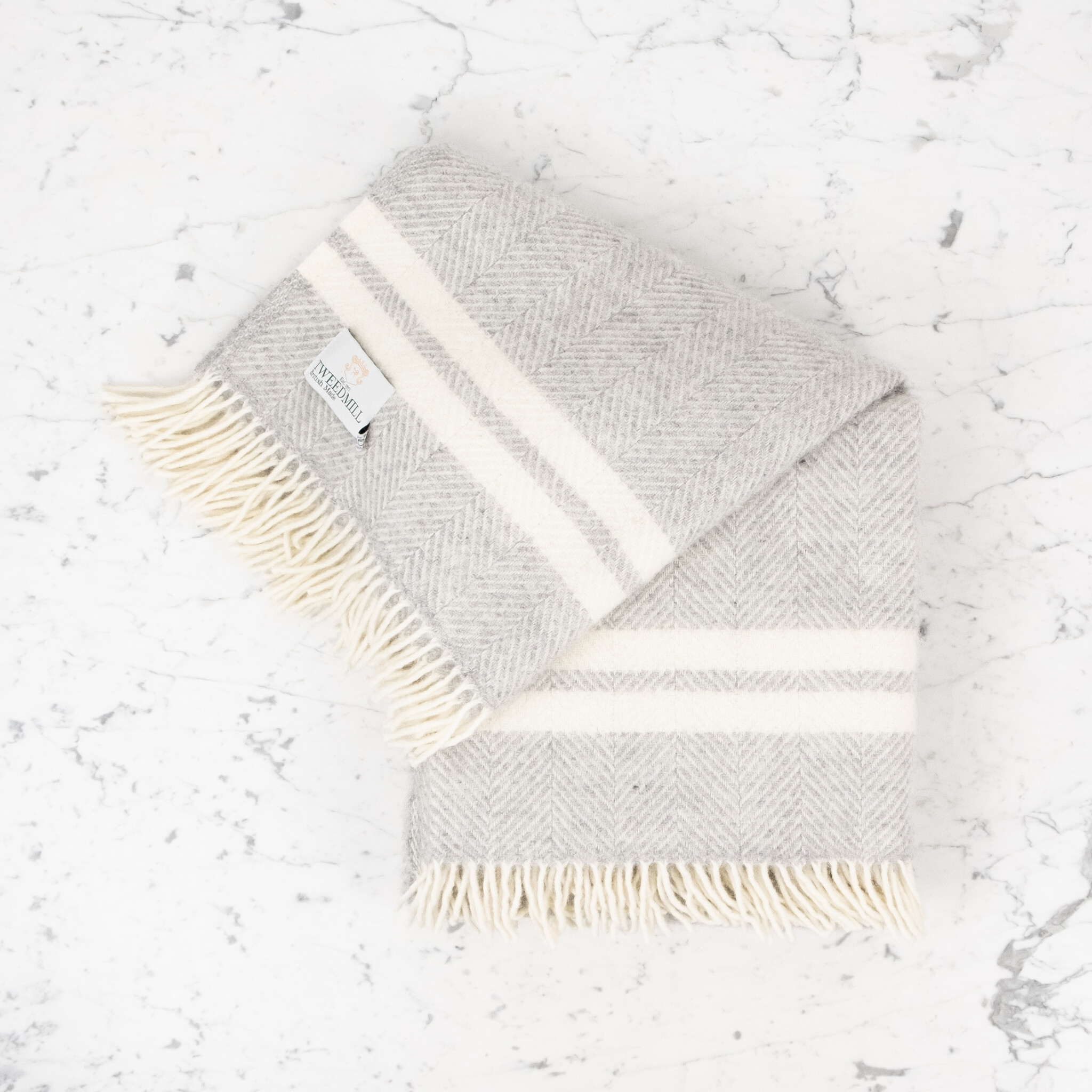 100% Pure New Wool Fringed Throw - Grey with Cream Double Stripe - 60in x 72in