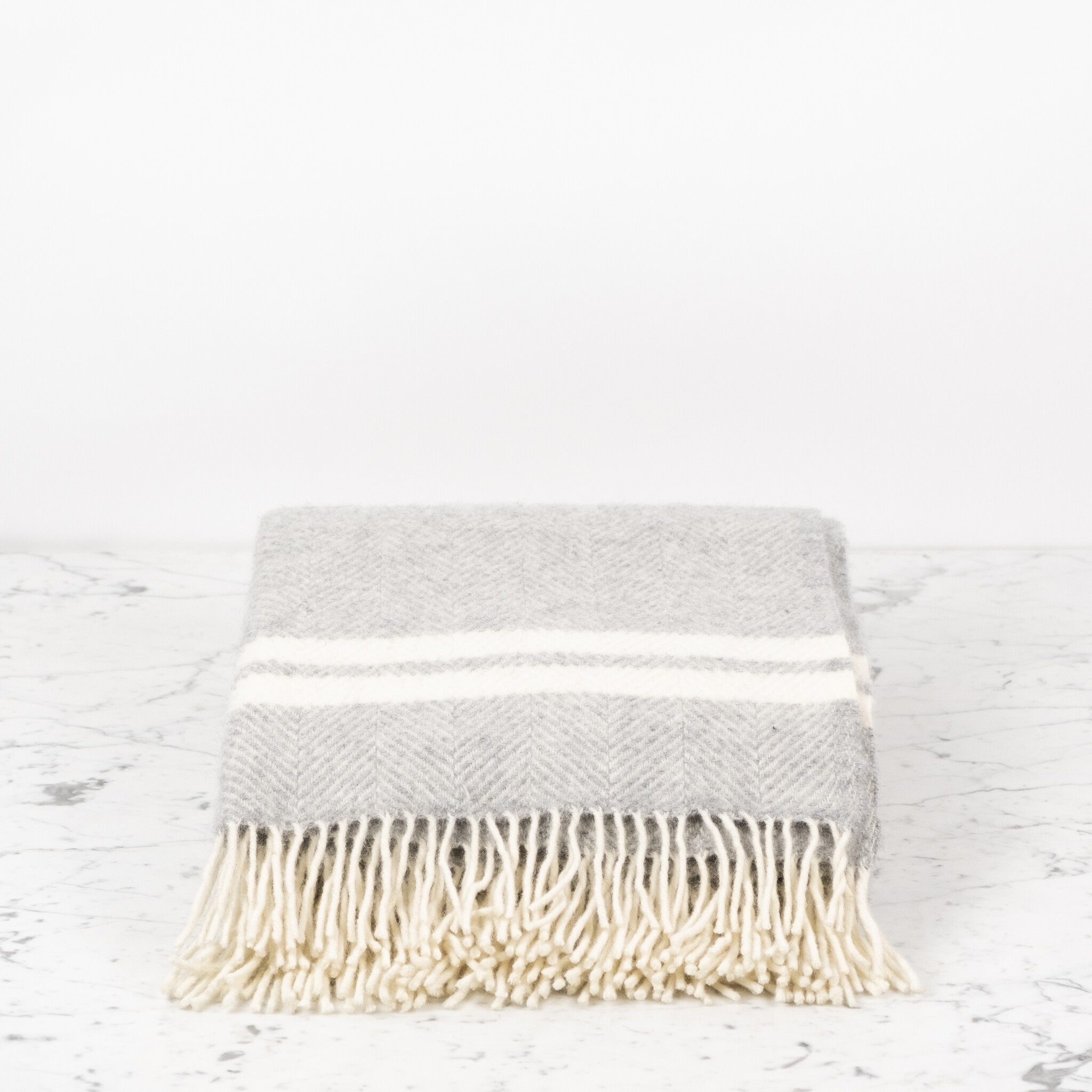 100% Pure New Wool Fringed Throw - Grey with Cream Double Stripe - 60in x 72in