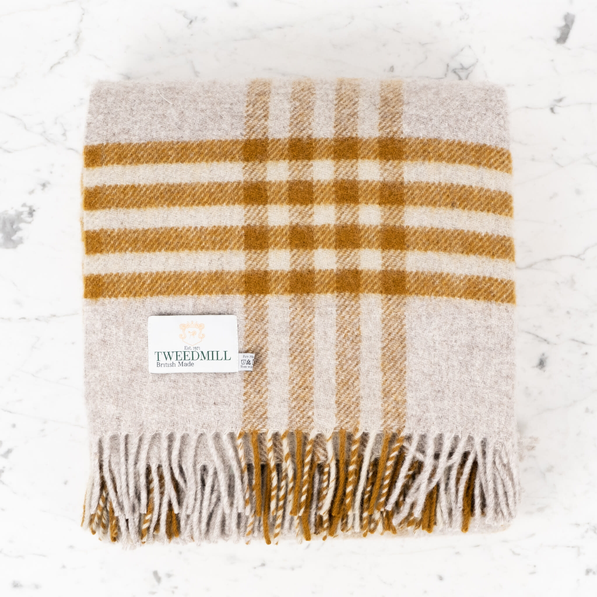 Pure New Wool Fringed Throw Hex Check English Mustard 60 x 95in
