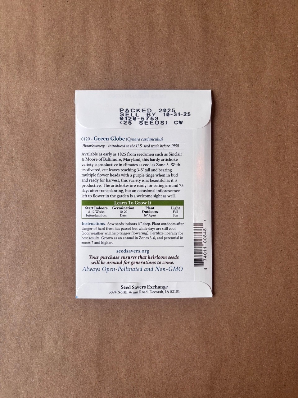 Seed Savers Exchange Seedsavers Seeds - Artichoke - Green Globe - Pack Of 25