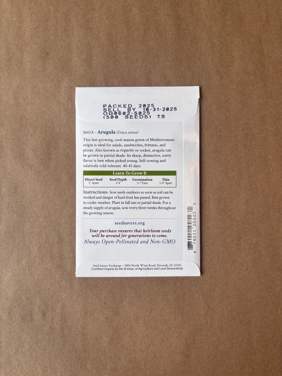 Seed Savers Exchange Seed Savers - Arugula, Arugula (organic)- Pack of 25 Seeds