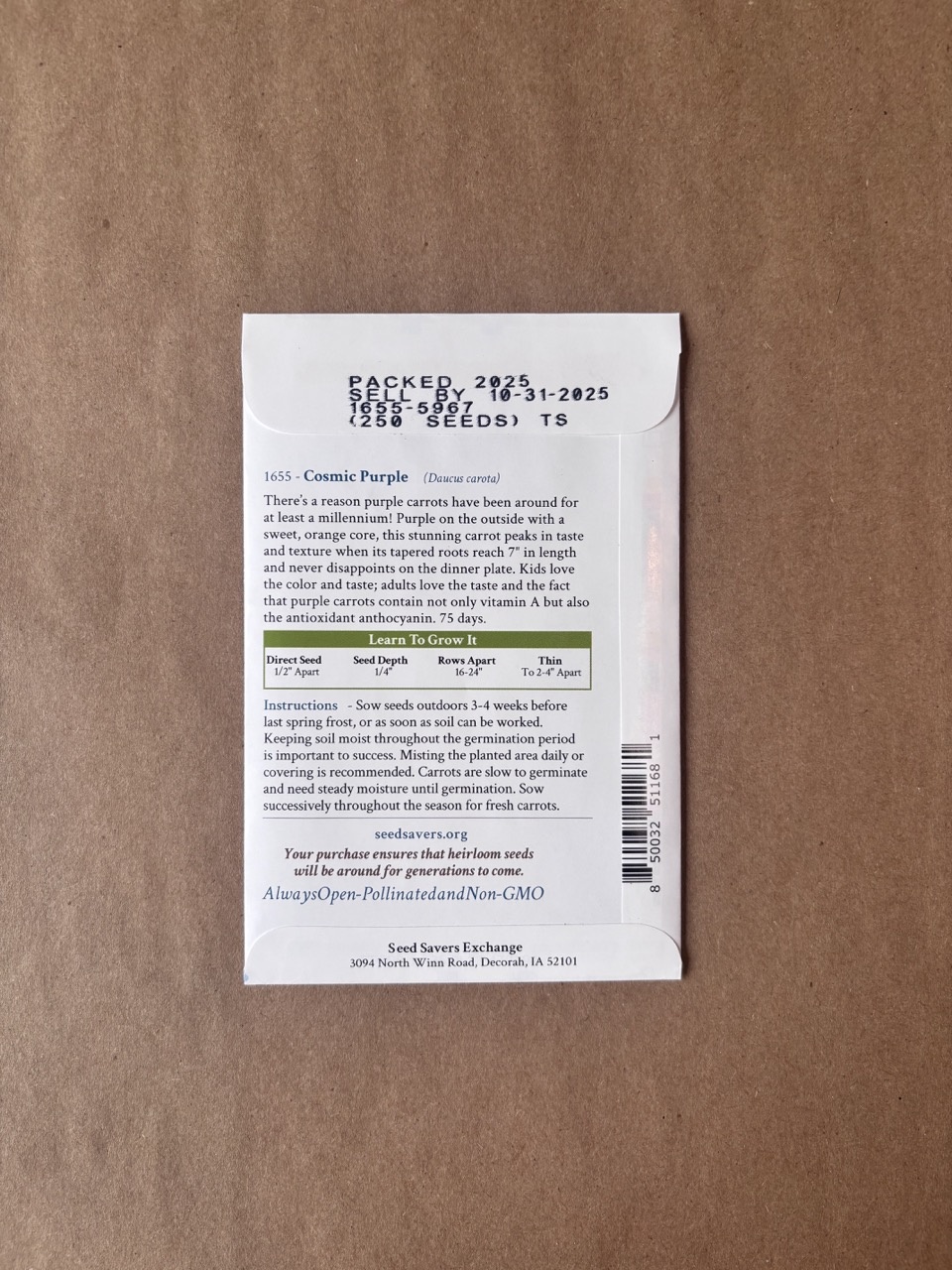 Seed Savers Exchange Seedsavers Seed Pack - Carrot, Cosmic Purple - Pack Of 250