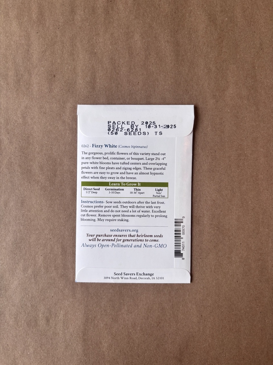 Seed Savers Exchange Seedsavers Seed Pack - Flower, Fizzy White Cosmos - Pack Of 50