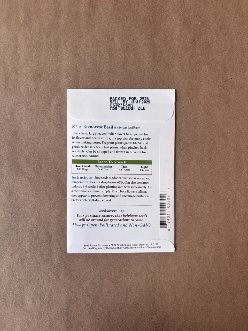 Seed Savers Exchange Seed Savers - Herb, Genovese Basil (organic)- Pack of 25 Seeds