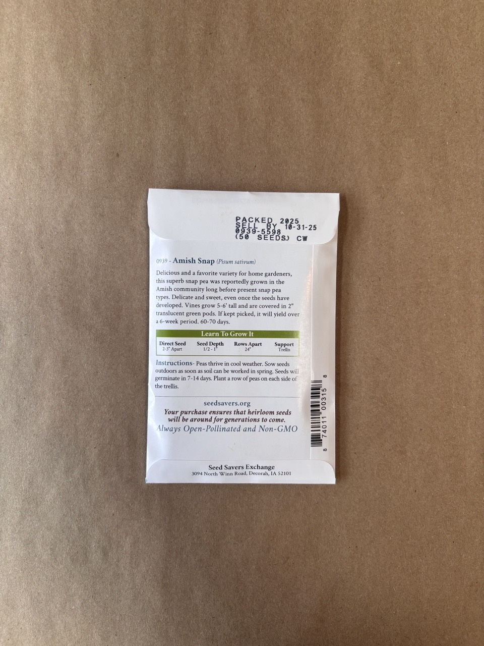 Seed Savers Exchange Seed Savers - Pea, Amish Snap- Pack of 25 Seeds