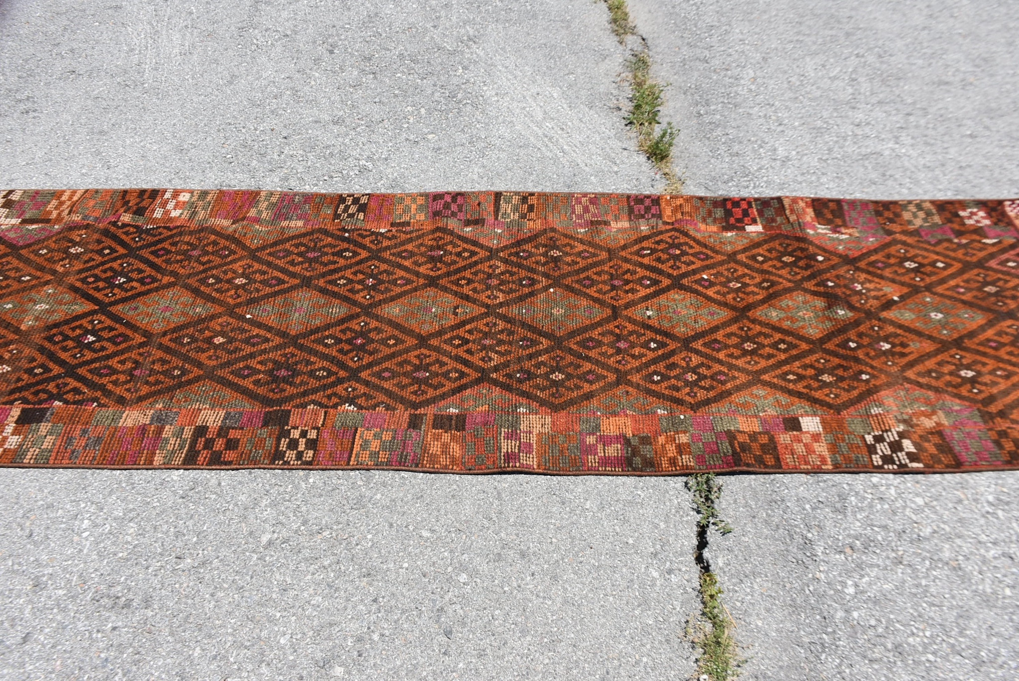 VINTAGE RUGS Vintage Handmade Dark Brown Ethnic Runner Rug - 2.7 x 11.3