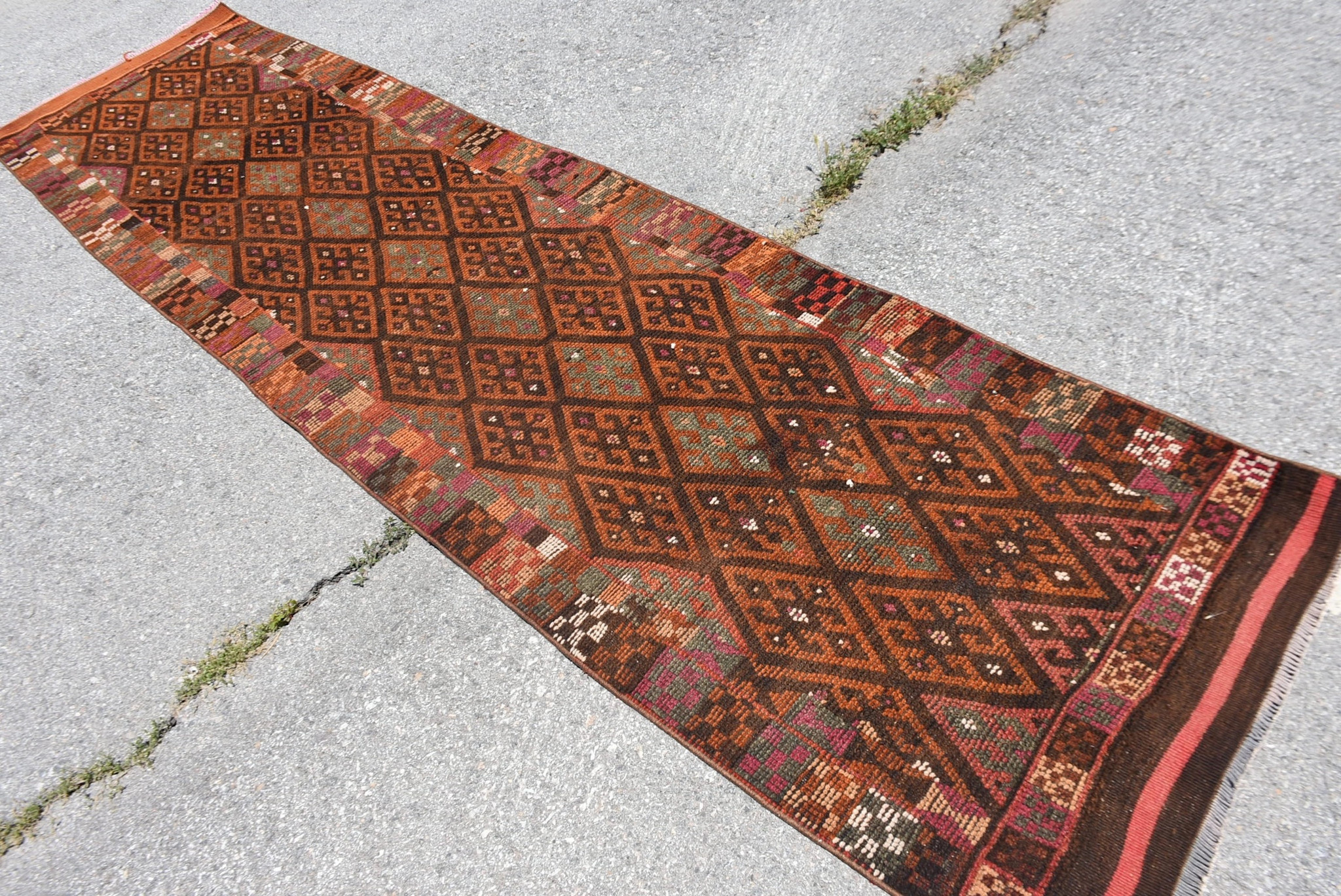 VINTAGE RUGS Vintage Handmade Dark Brown Ethnic Runner Rug - 2.7 x 11.3