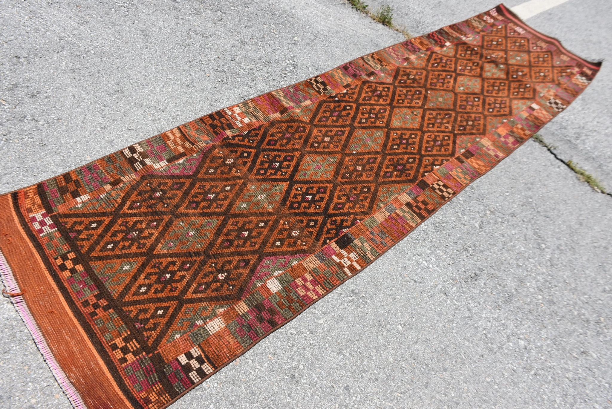 VINTAGE RUGS Vintage Handmade Dark Brown Ethnic Runner Rug - 2.7 x 11.3