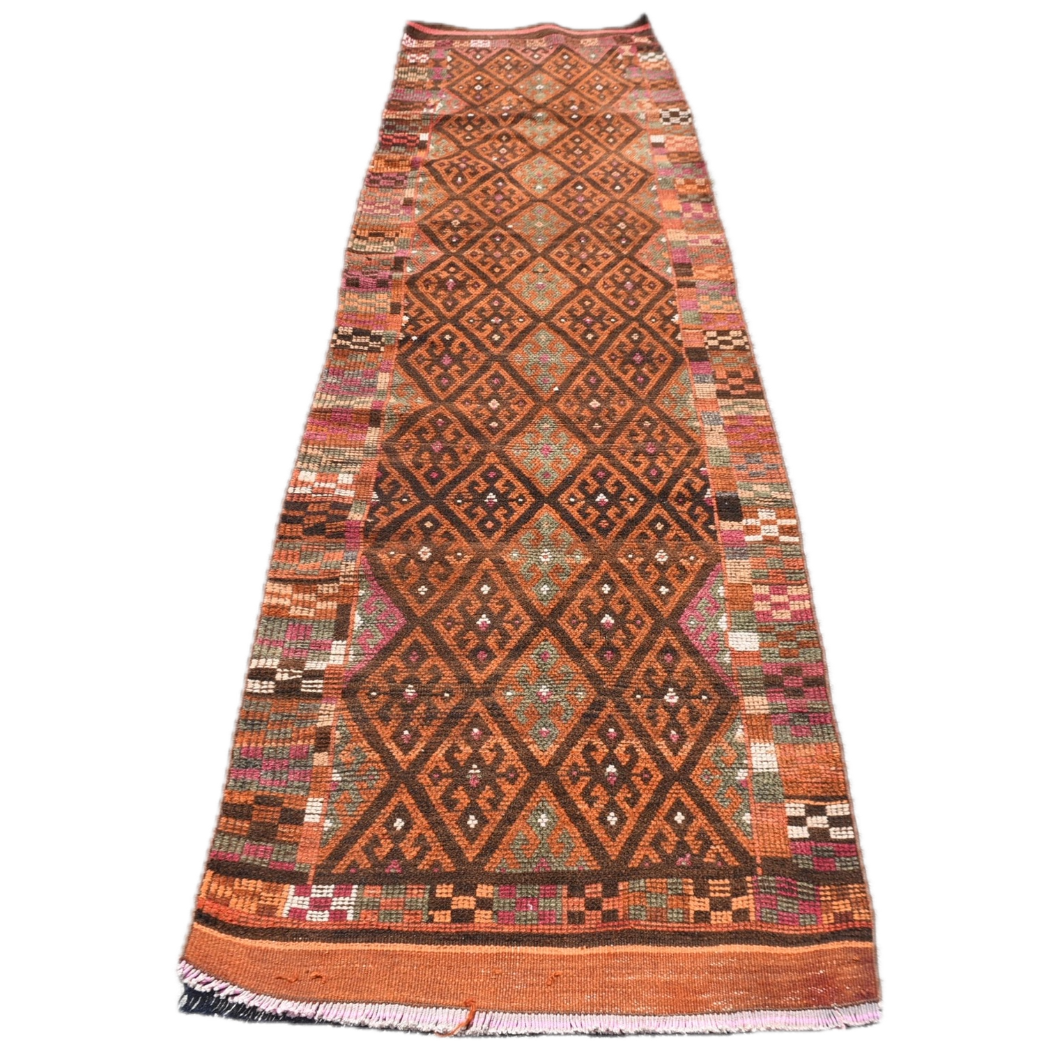 VINTAGE RUGS Vintage Handmade Dark Brown Ethnic Runner Rug - 2.7 x 11.3