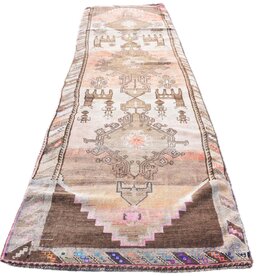 VINTAGE RUGS Vintage Oushak Deer Motif Brown, Pink and Beige Runner Rug - 3.7 x 13.1