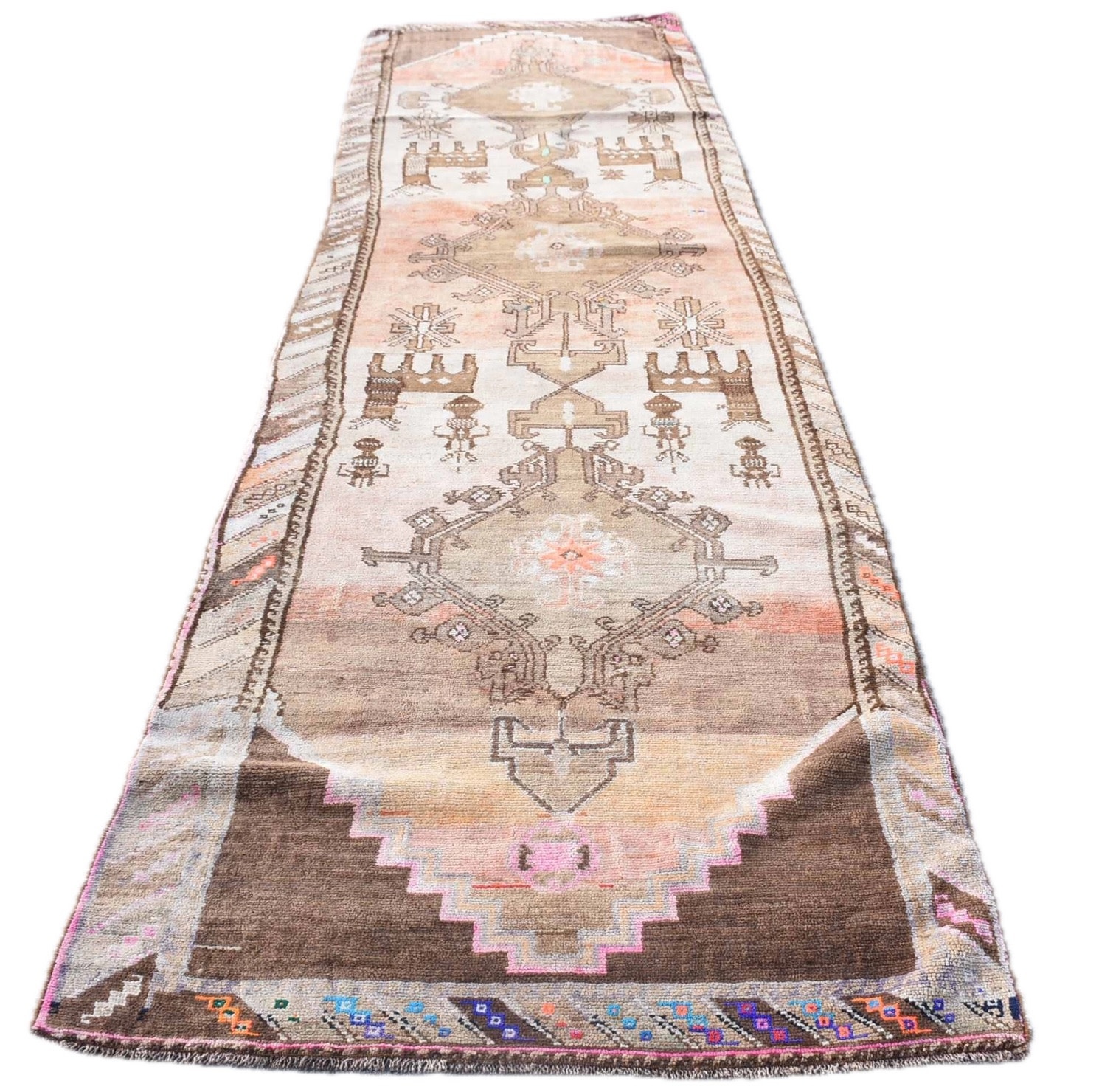 VINTAGE RUGS Vintage Oushak Deer Motif Brown, Pink and Beige Runner Rug - 3.7 x 13.1