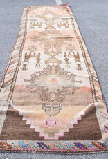 VINTAGE RUGS Vintage Oushak Deer Motif Brown, Pink and Beige Runner Rug - 3.7 x 13.1