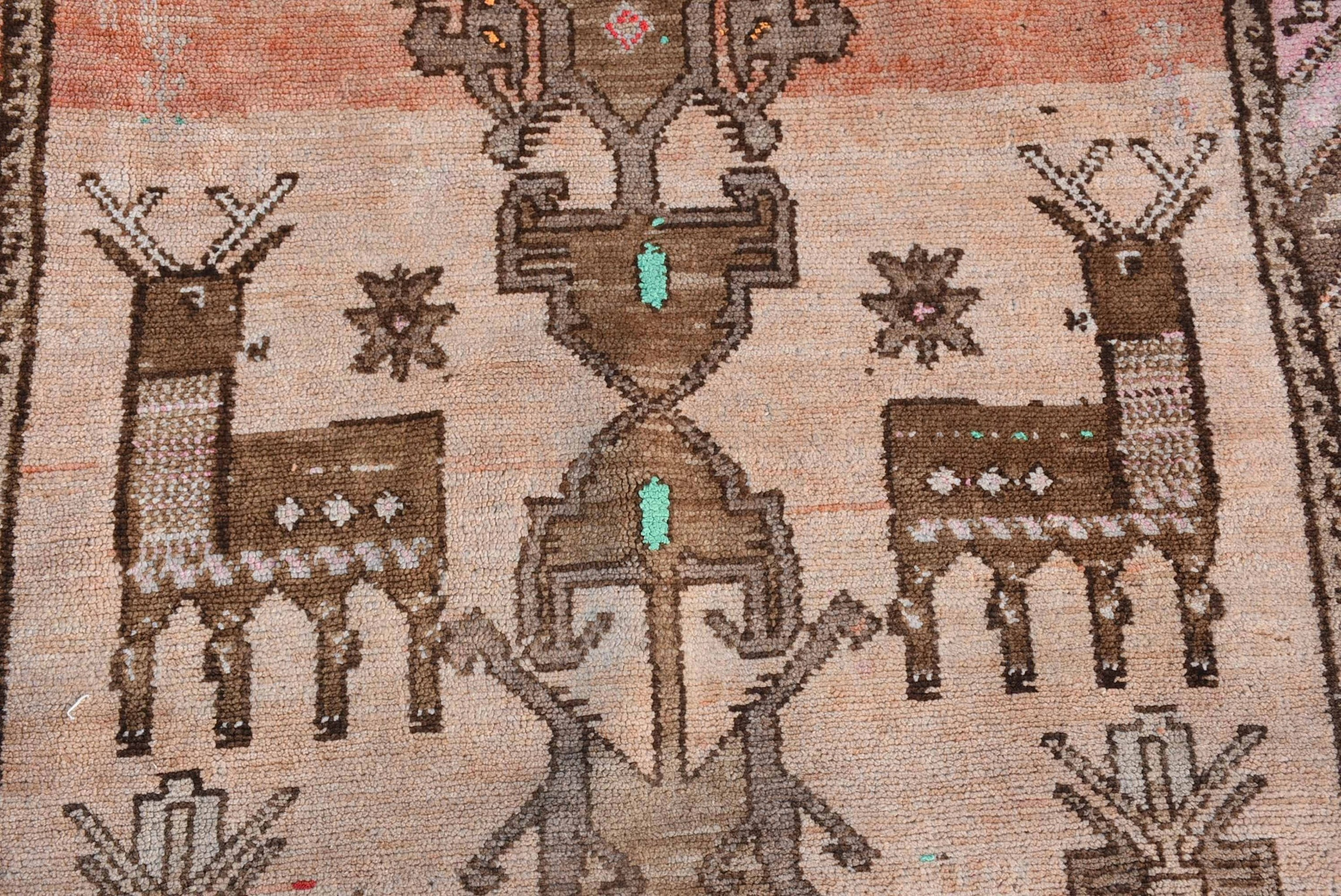 VINTAGE RUGS Vintage Oushak Deer Motif Brown, Pink and Beige Runner Rug - 3.7 x 13.1