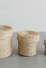 Trio of Small Round Jute Tray Baskets with Lids 5" to 9" D