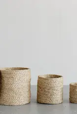 Trio of Small Round Jute Tray Baskets with Lids 5" to 9" D