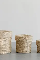 Trio of Small Round Jute Tray Baskets with Lids 5" to 9" D