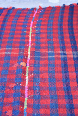 VINTAGE RUGS Vintage Thin Flatweave Bright Red & Blue Check Rug or Bed Cover - 6.5 x 8.2