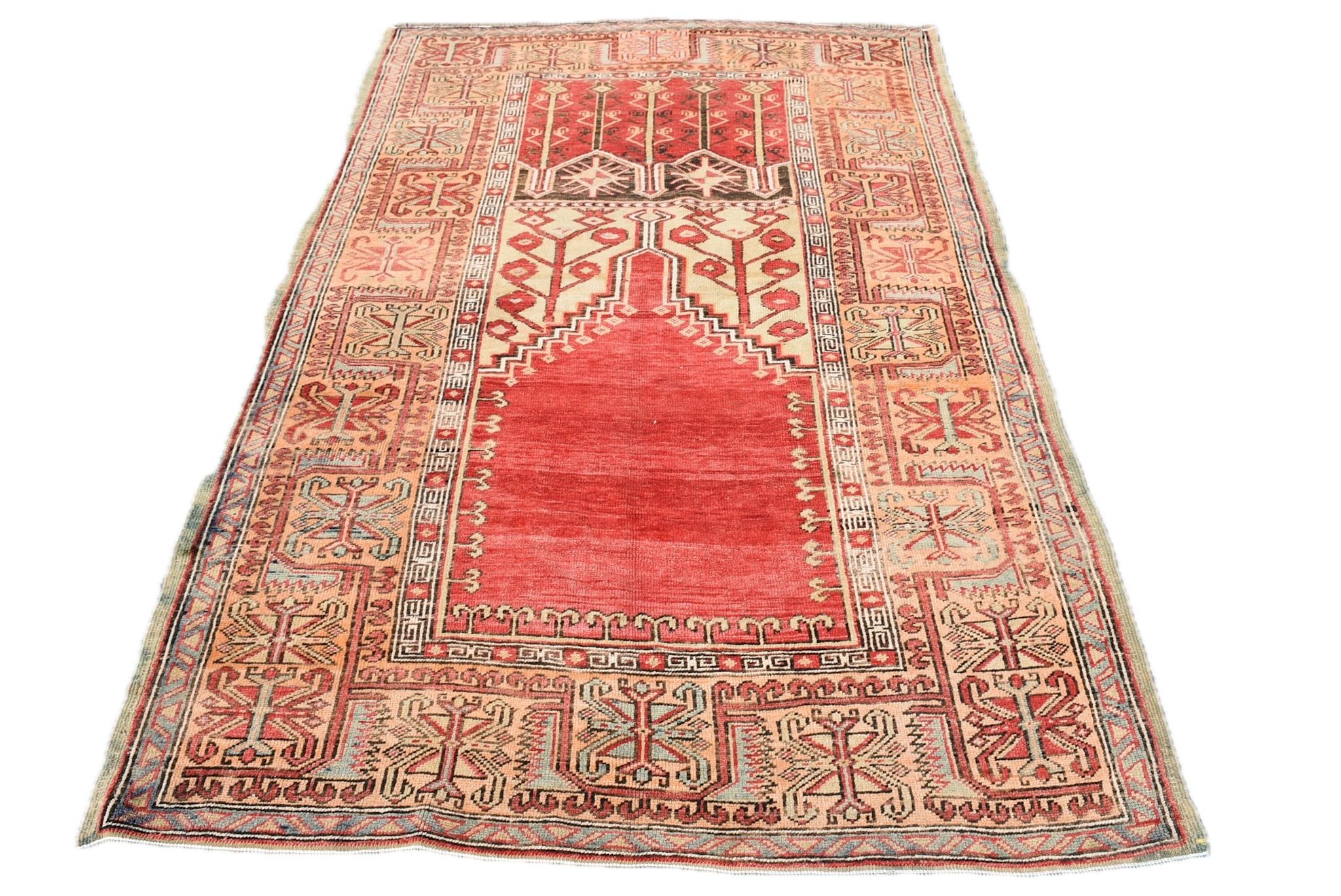 VINTAGE RUGS Vintage Turkish Wool Vibrant Red and Gold Tree of Life Rug - 4.3 x 7.1