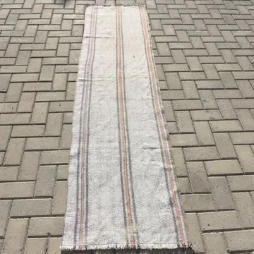VINTAGE RUGS Vintage Flatweave White & Gray Striped Runner Rug - 1.9 x 7.7