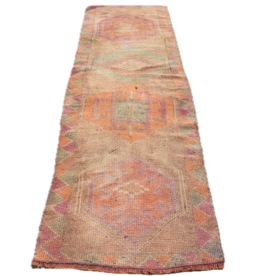 VINTAGE RUGS Vintage Bohemian Orange-Green Geometric Runner Rug - 2.6 x 8.8