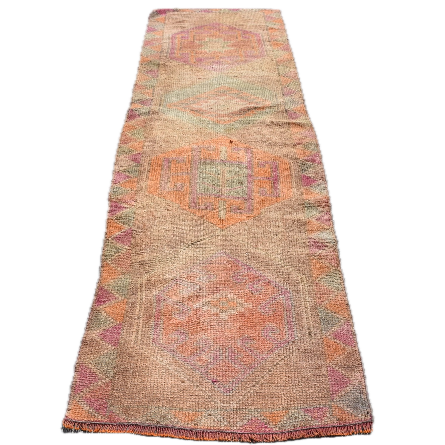 VINTAGE RUGS Vintage Bohemian Orange-Green Geometric Runner Rug - 2.6 x 8.8