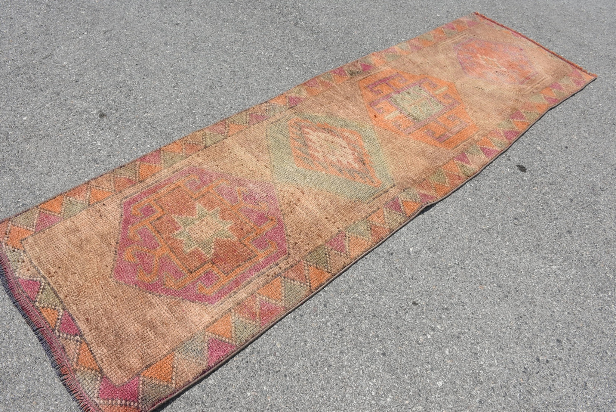 VINTAGE RUGS Vintage Bohemian Orange-Green Geometric Runner Rug - 2.6 x 8.8