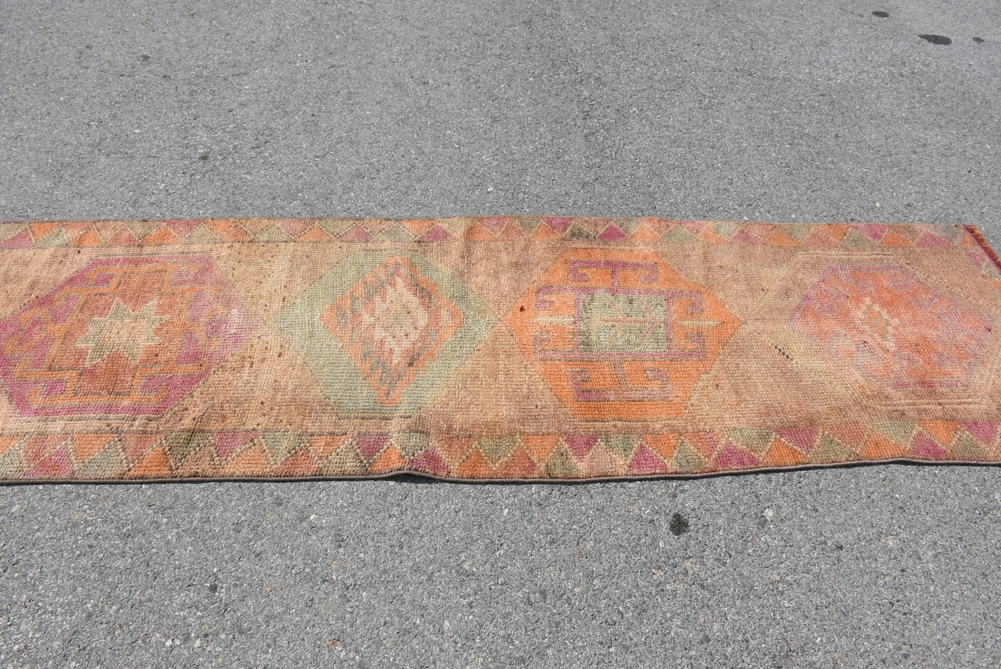 VINTAGE RUGS Vintage Bohemian Orange-Green Geometric Runner Rug - 2.6 x 8.8