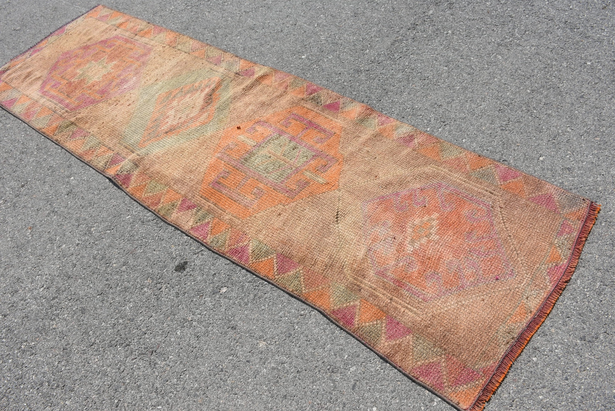VINTAGE RUGS Vintage Bohemian Orange-Green Geometric Runner Rug - 2.6 x 8.8
