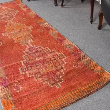 VINTAGE RUGS Vintage Red, Pink & Orange Geometric Oushak Runner Rug - 3 x 9.2