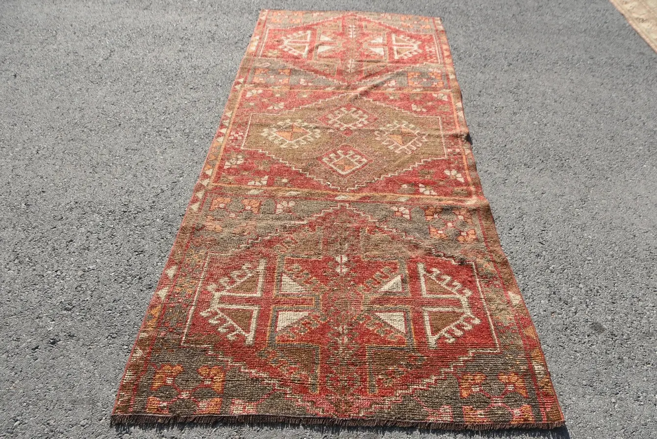 VINTAGE RUGS Vintage Turkish Wool Red & Brown Geometric Rug - 3.8 x 9.1