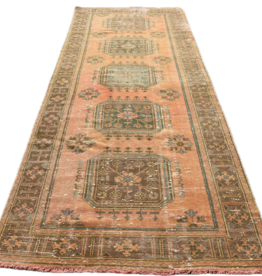 VINTAGE RUGS Vintage Turkish Wool Apricot & Green Wide Runner Rug - 4.4 x 11.2
