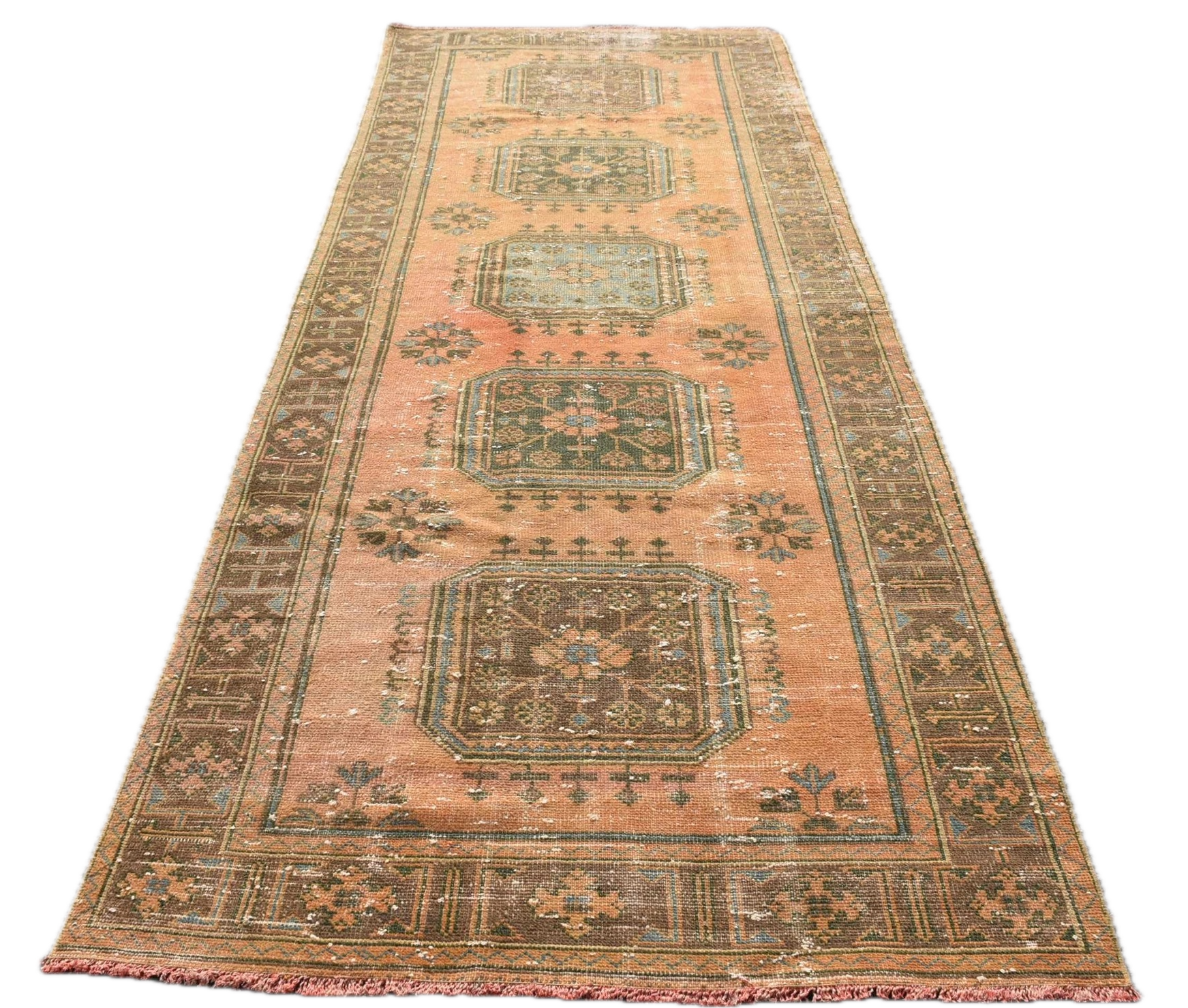 VINTAGE RUGS Vintage Turkish Wool Apricot & Green Wide Runner Rug - 4.4 x 11.2