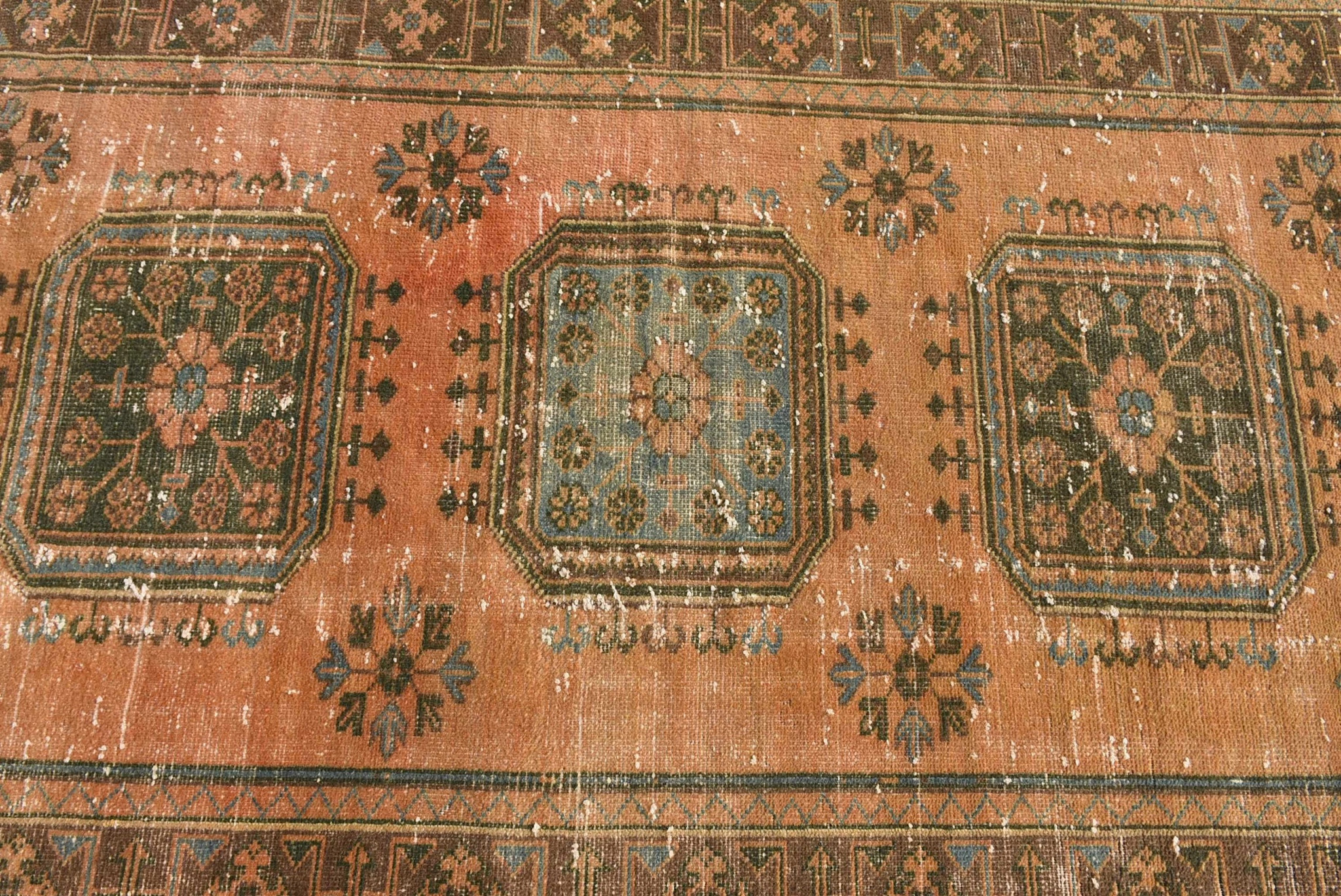 VINTAGE RUGS Vintage Turkish Wool Apricot & Green Wide Runner Rug - 4.4 x 11.2