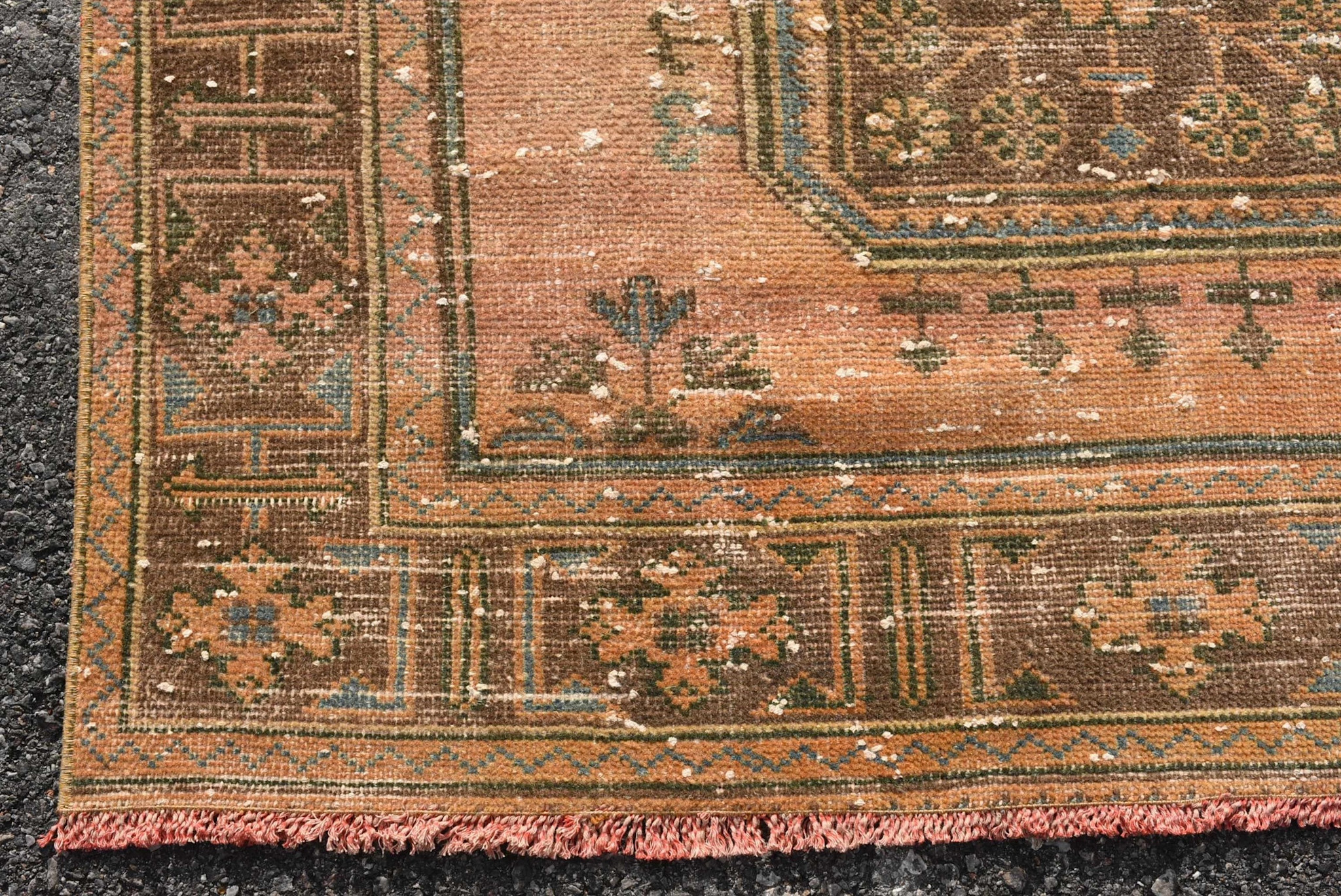 VINTAGE RUGS Vintage Turkish Wool Apricot & Green Wide Runner Rug - 4.4 x 11.2