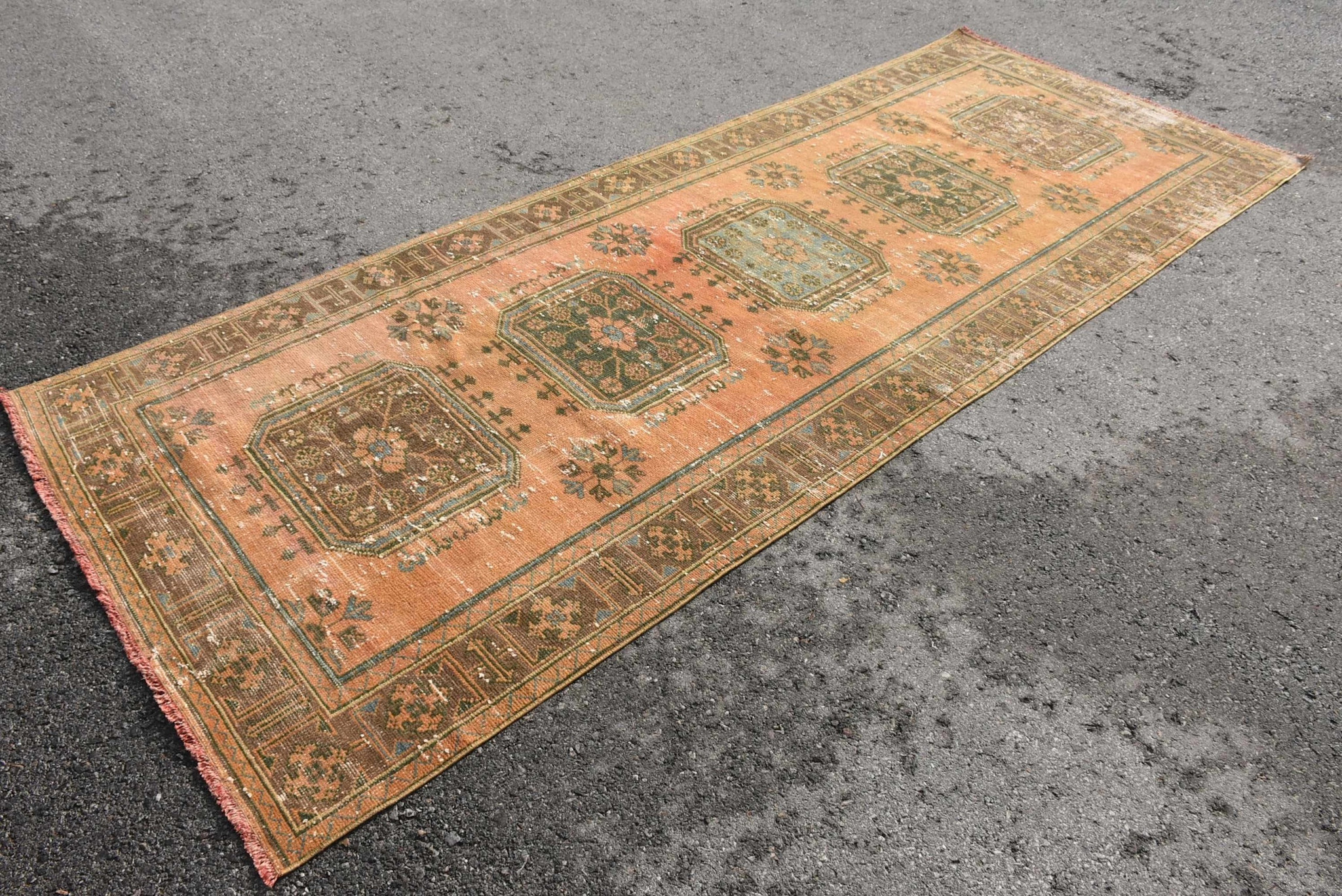 VINTAGE RUGS Vintage Turkish Wool Apricot & Green Wide Runner Rug - 4.4 x 11.2