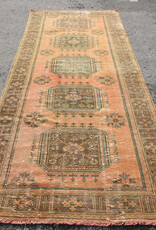 VINTAGE RUGS Vintage Turkish Wool Apricot & Green Wide Runner Rug - 4.4 x 11.2