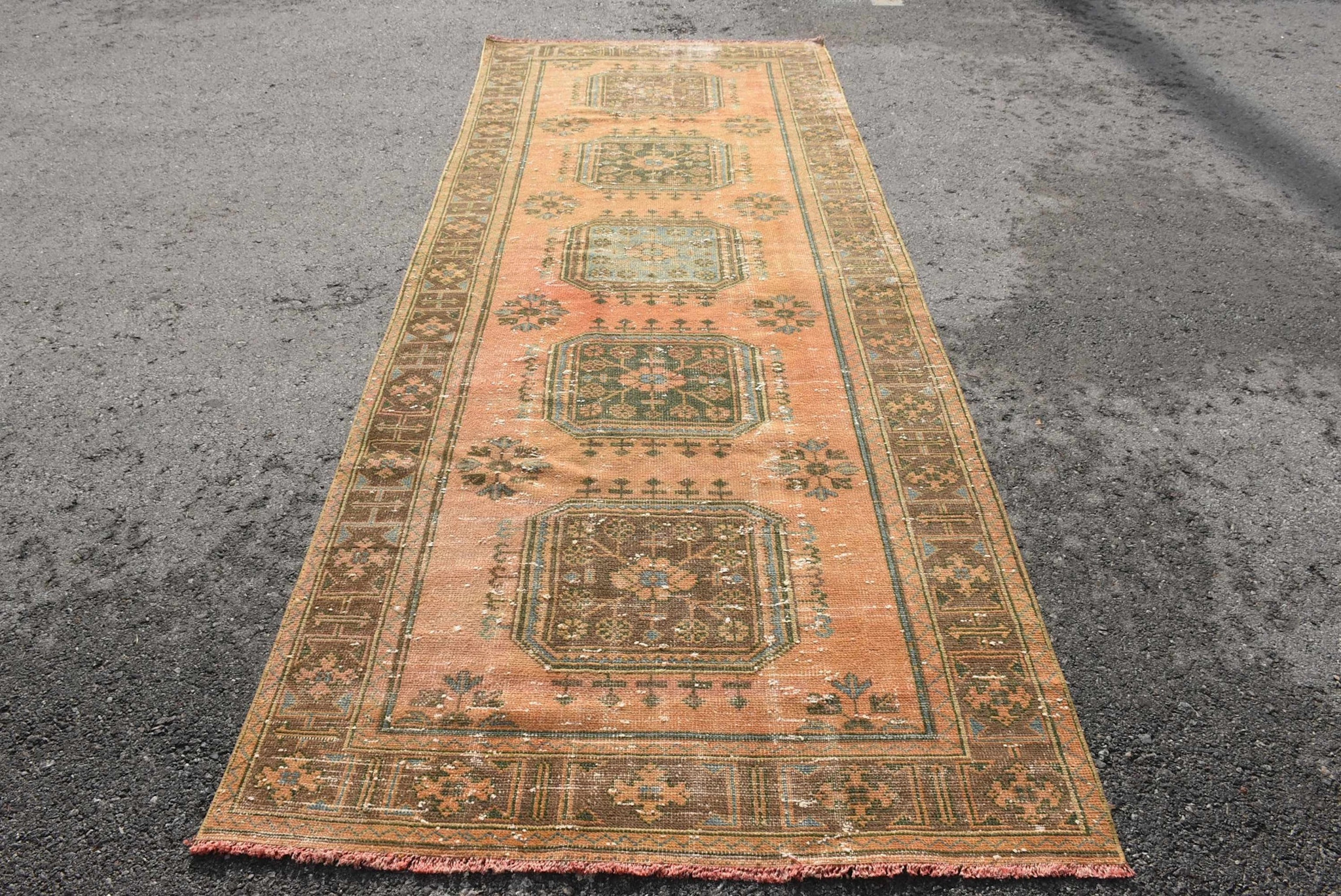 VINTAGE RUGS Vintage Turkish Wool Apricot & Green Wide Runner Rug - 4.4 x 11.2