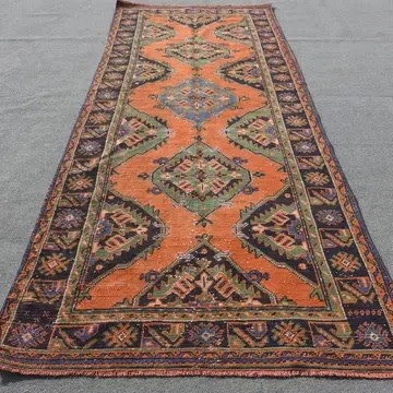 VINTAGE RUGS Vintage Geometric Terracotta & Mallard Green Wide Runner Rug - 4.5 x 11.4