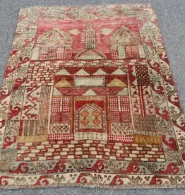 VINTAGE RUGS Vintage Turkish Wool Red & Beige Tree of Life Rug - 3.7 x 4.8