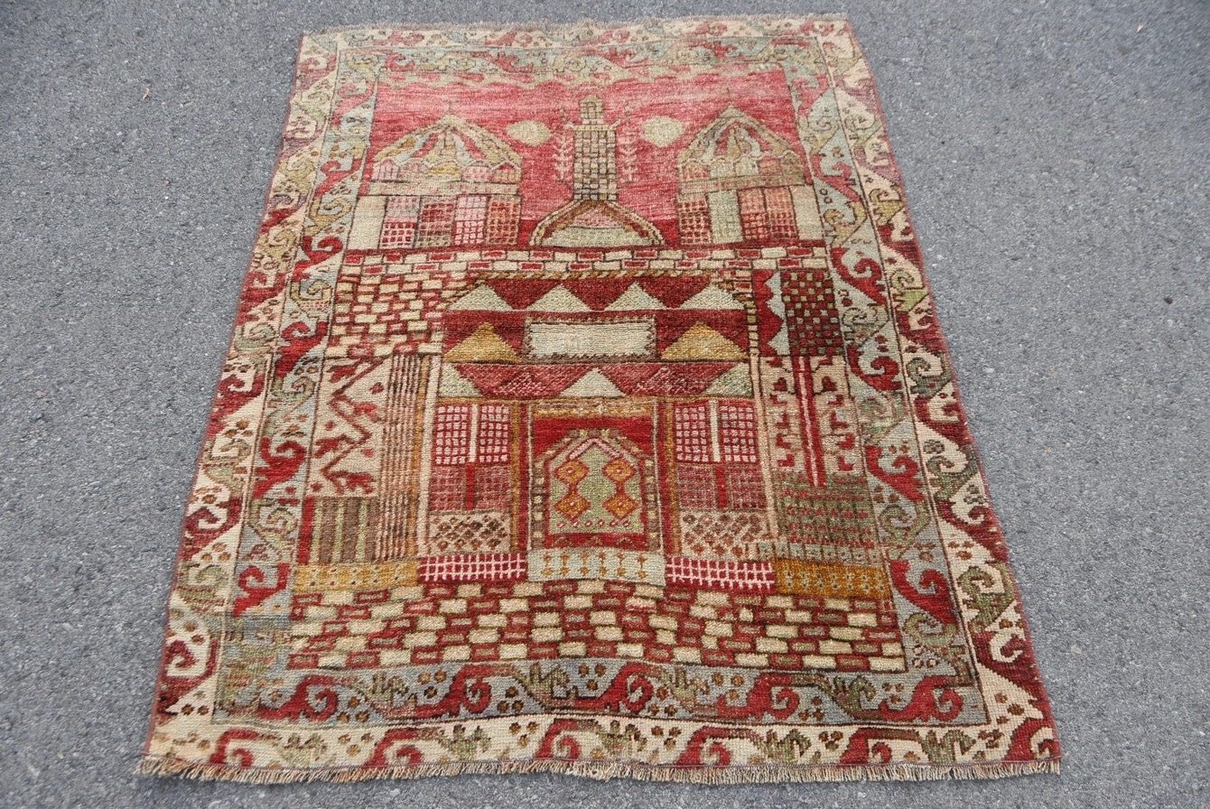 VINTAGE RUGS Vintage Turkish Wool Red & Beige Tree of Life Rug - 3.7 x 4.8