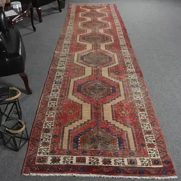 VINTAGE RUGS Vintage Turkish Wool Red & Beige Geometric Rug - 3.4 x 13.4