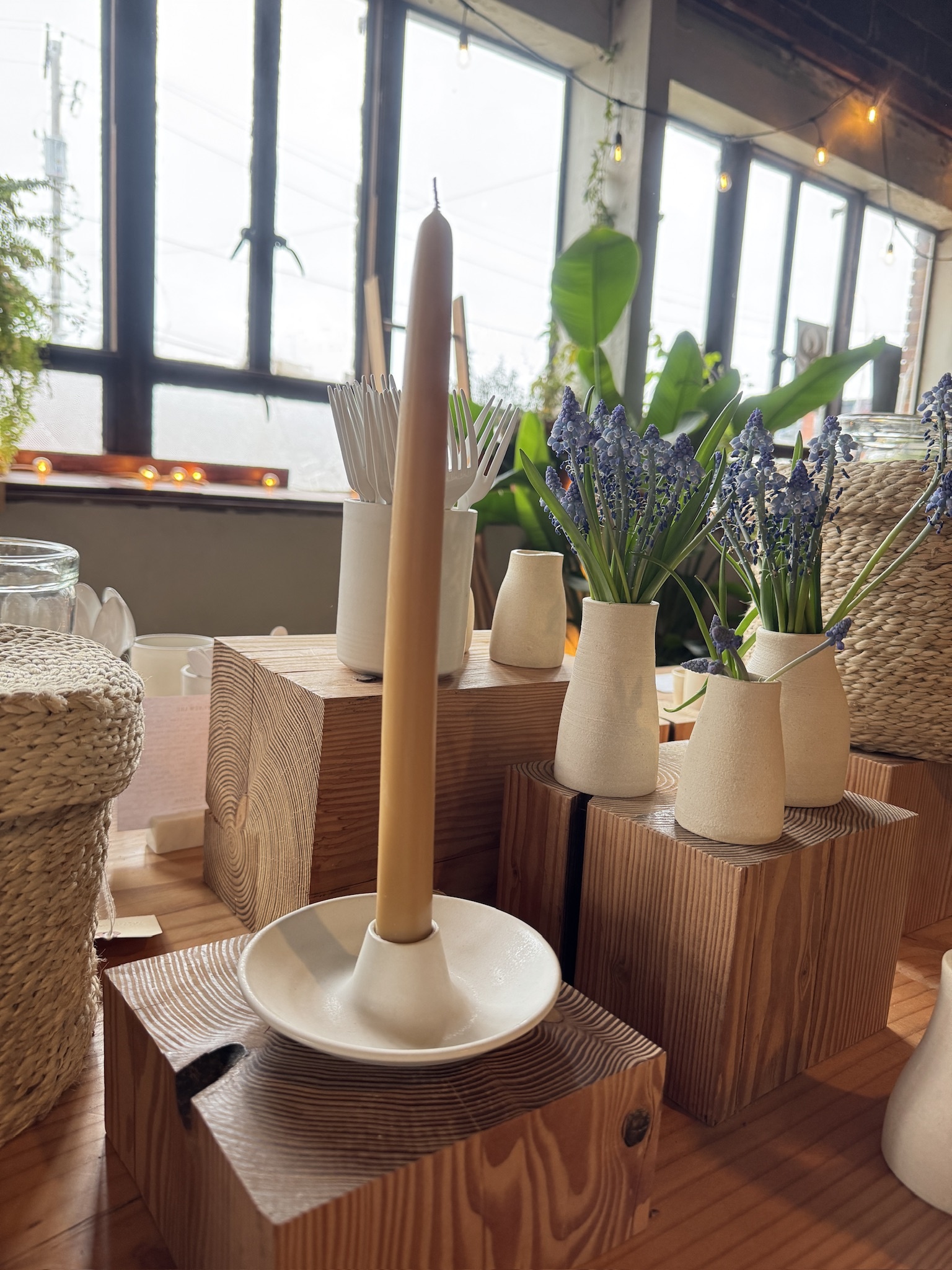 Piedra Blanca Taper Candle Holder with Bowl Base