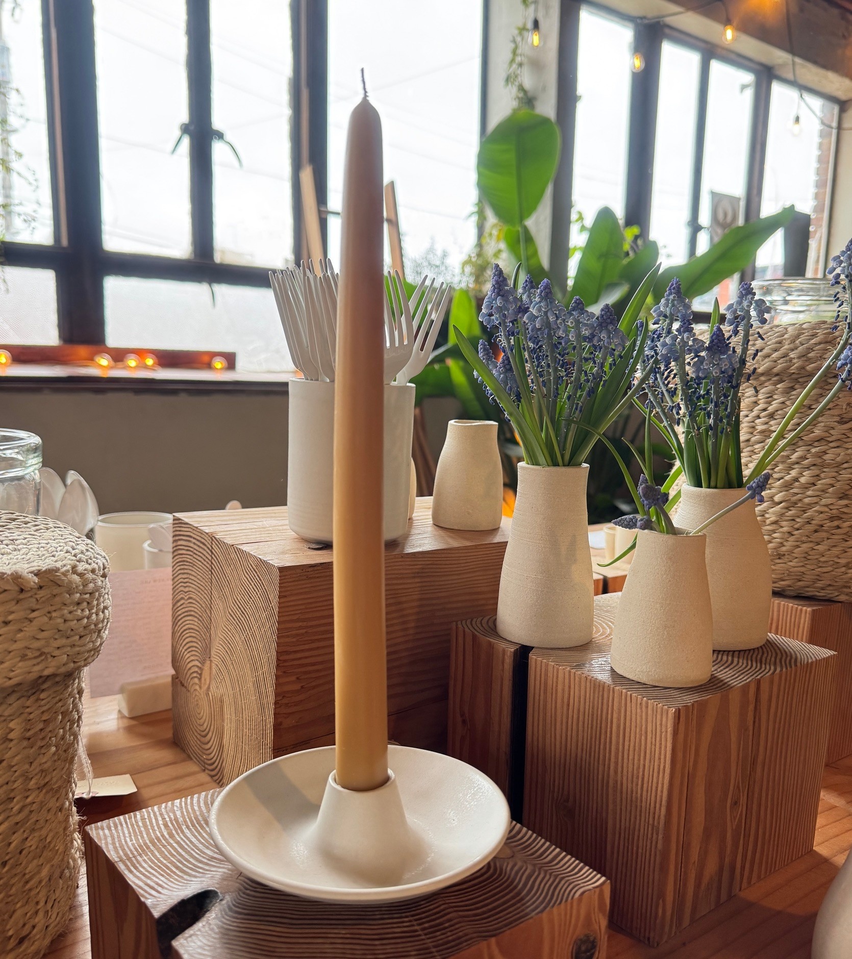 Piedra Blanca Taper Candle Holder with Bowl Base