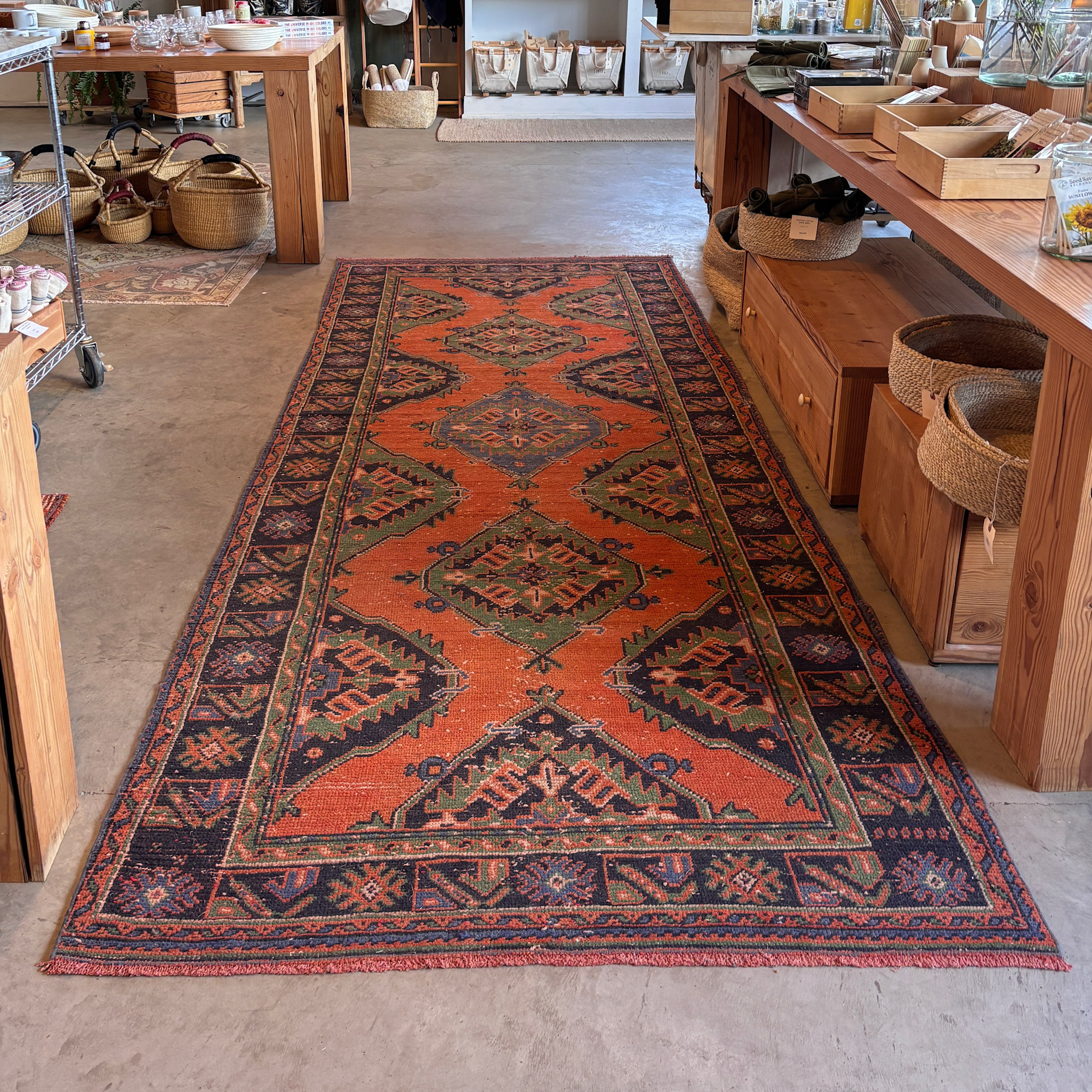 VINTAGE RUGS Vintage Geometric Terracotta & Mallard Green Wide Runner Rug - 4.5 x 11.4