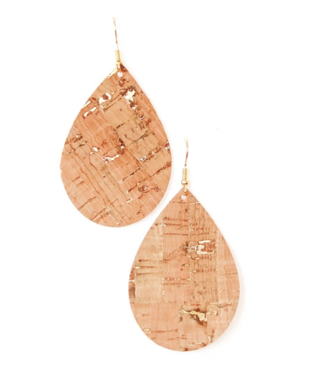Cork House Design Teardrop Earrings- Natural with Gold Accents