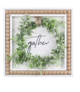 Wood Sign with  Wreath & Beads- Gather
