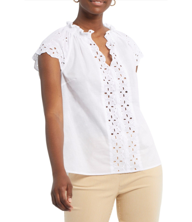 Tribal Cap Sleeve Blouse with  Smocking -White