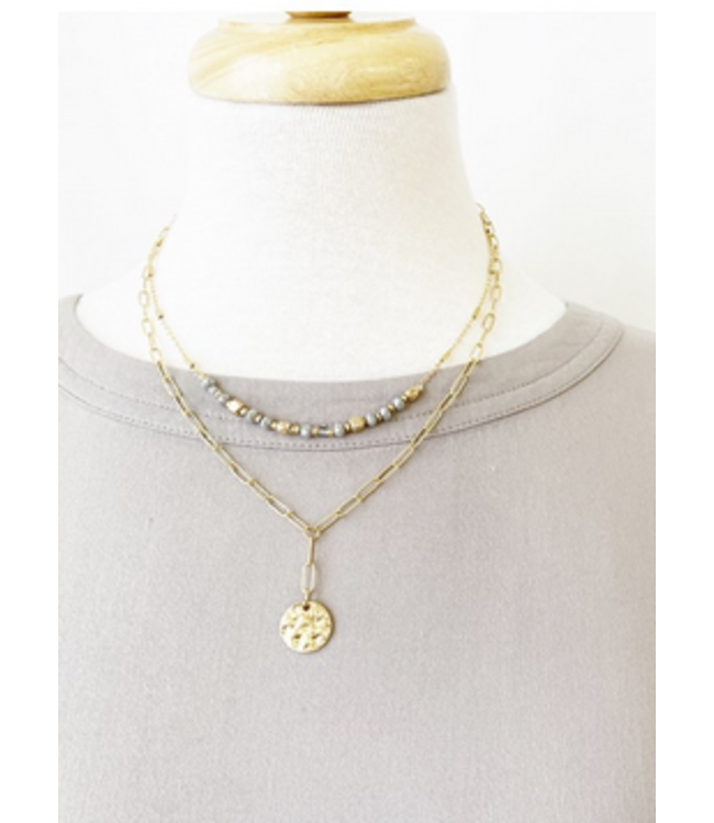 Double Chain Necklace w/ Glass Beads - Grey/Gold
